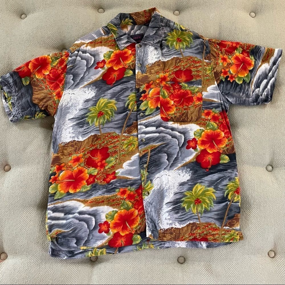 Jack Hollywood Rayon Hawiian Shirt Button Up Hibiscus Flower Palm Trees M